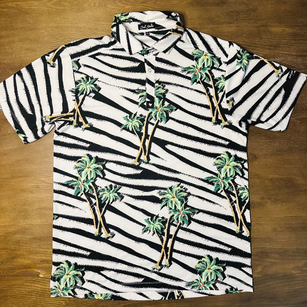 Bad Birdie Mens Golf Polo Shirt Size L Palm‎ Tree Zebra Print Short Sleeve EUC